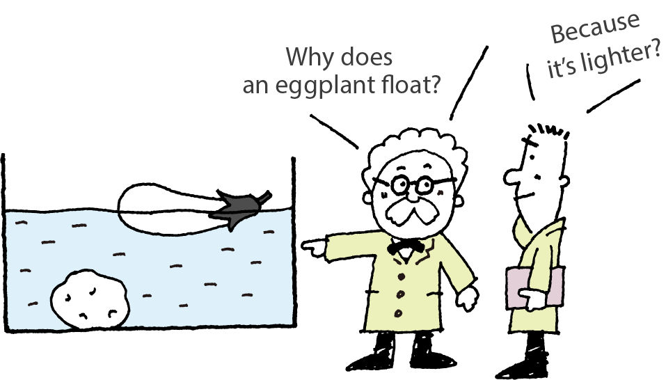The potato sinks and the eggplant floats.